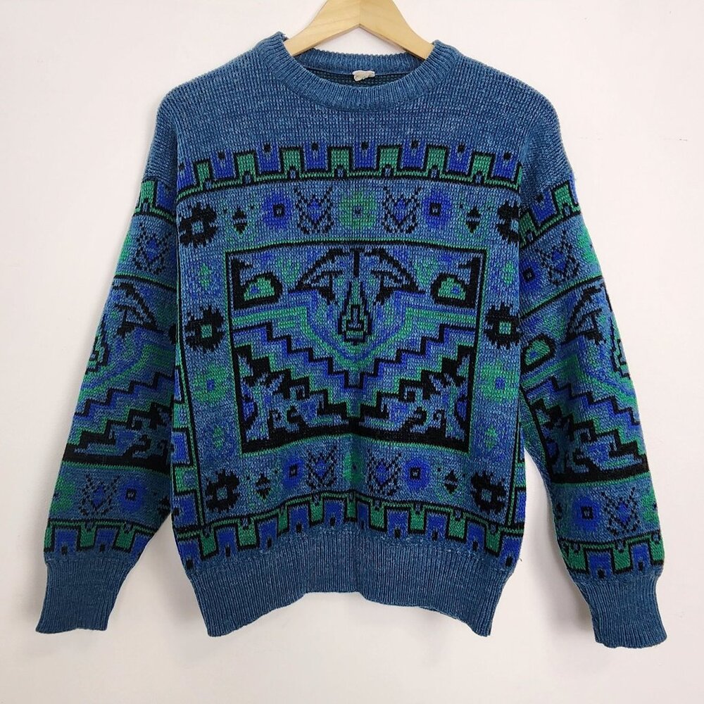 Italian 90s VTG Blue Green Wool Blend Knit Sweater Cozy Fashion MED Unisex Retro